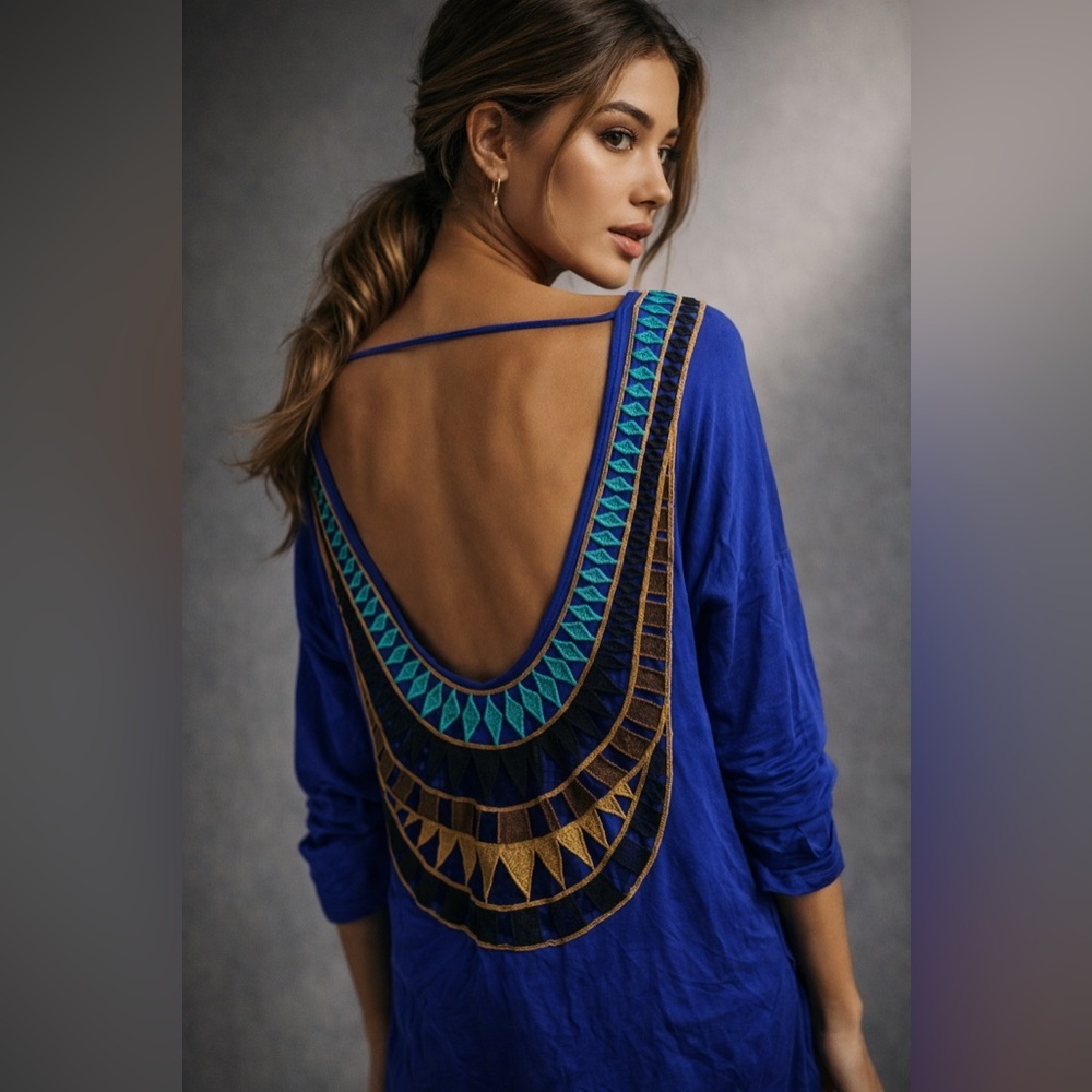 Boho Embroidered Open-Back Top | Royal Blue | Flowing Fit